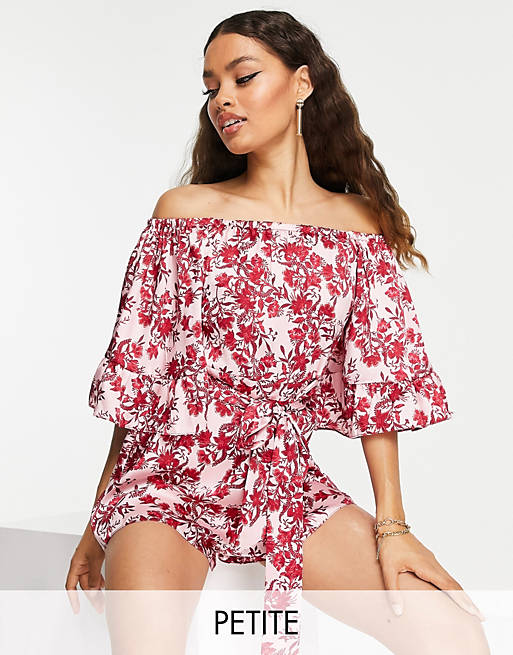 River Island Petite satin floral bardot ruffle sleeved playsuit in pink