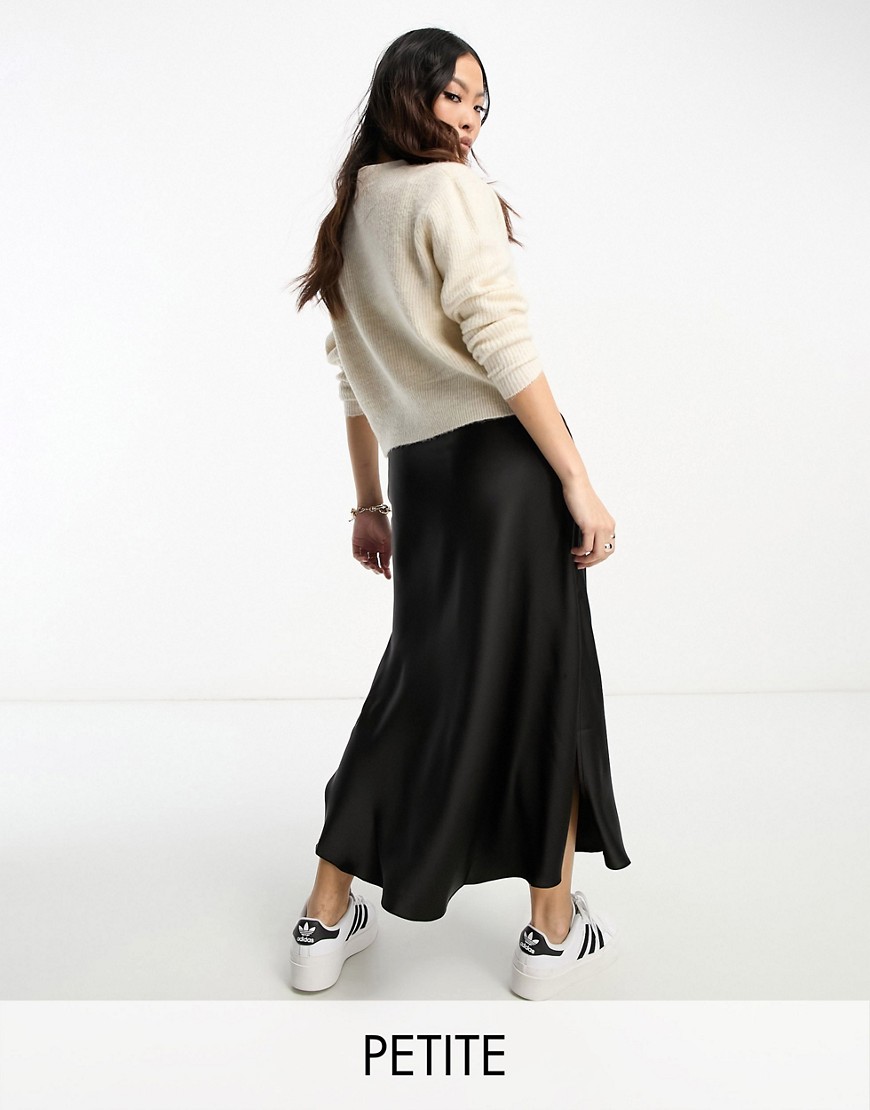 River Island Petite Satin Midi Skirt With Side Split In Black