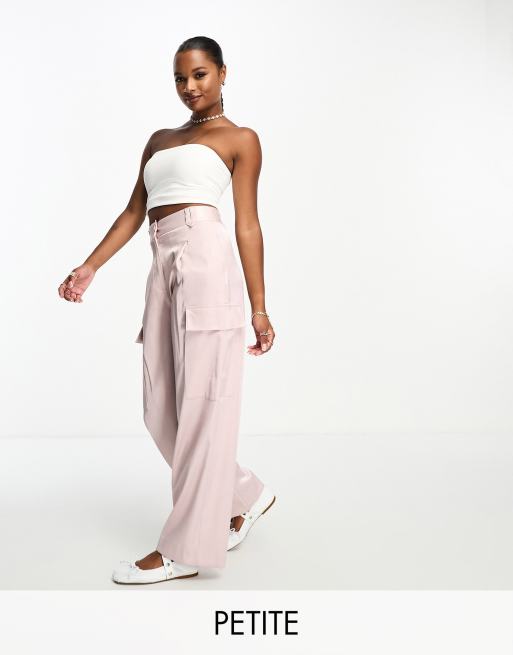 River Island Petite satin utility cargo pants in light pink