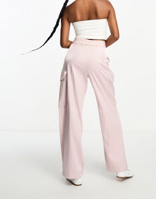 River Island Petite satin utility cargo pants in light pink