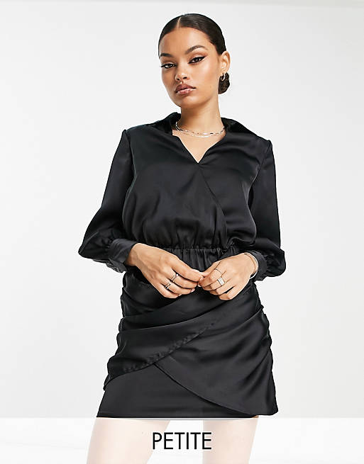 River Island Petite satin wrap detail shirt mini dress in black | ASOS