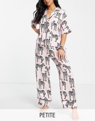 River Island Petite satin zebra pyjama gift set with hair scrunchie in pink