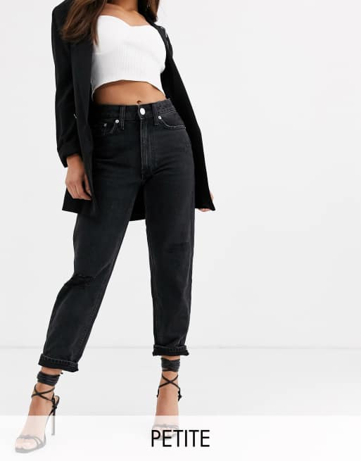 River Island Petite – Schwarze Mom-Jeans im Used-Look