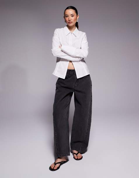 River Island Petite seamed barrel leg jeans in black 