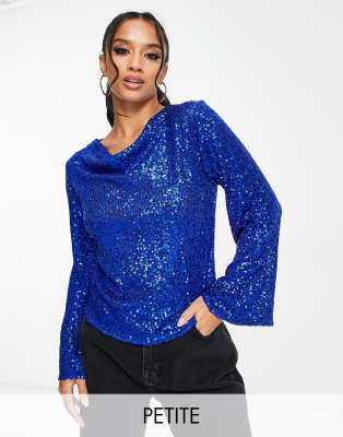 sequin cowl neck top in blue