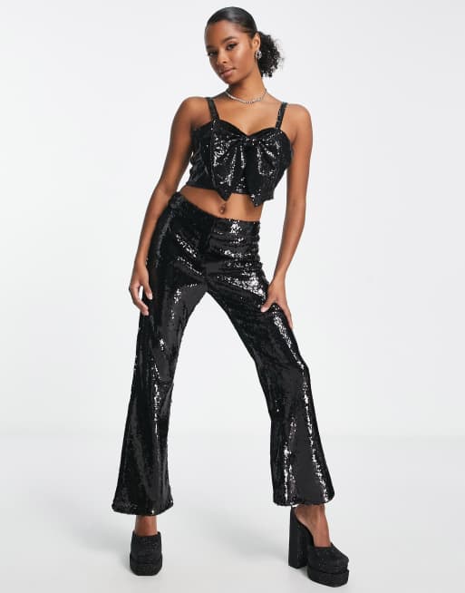 River Island Petite sequin flare pant in black - part of a set