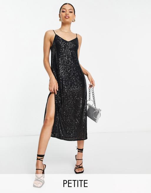 River Island Petite sequin slip maxi dress in black ASOS