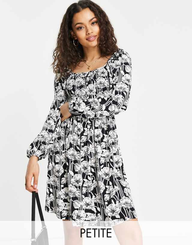 River Island Petite shirred detail mini dress in black floral