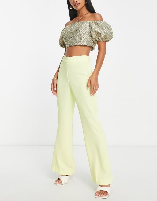 River Island Petite side split flare pants in yellow (part of a set), 4 of 4