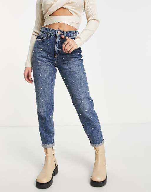 Vila Rhinestone Jeans in Medium Blue Wash