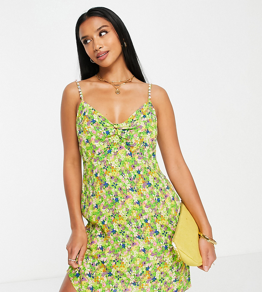 River Island Petite Slip Mini Dress With Bead Strap Detail In Green Floral