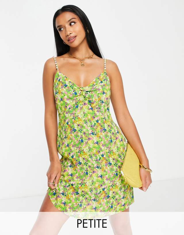 River Island Petite slip mini dress with bead strap detail in green floral