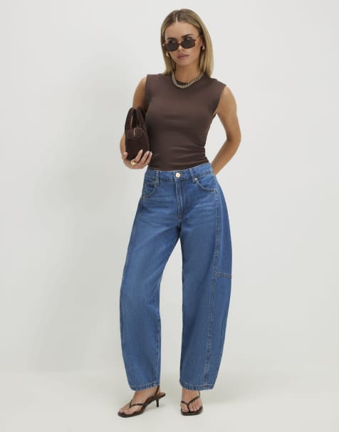 River Island Petite Soft barrel leg jeans in medium blue - view 1