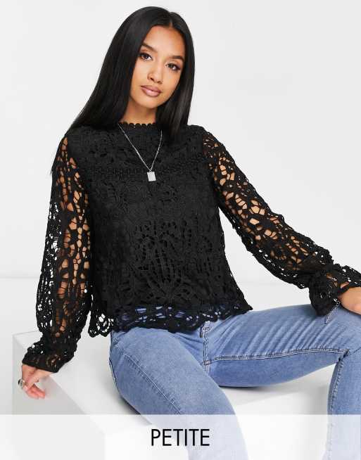 River Island Petite - Sort bluse med blondedetaljer