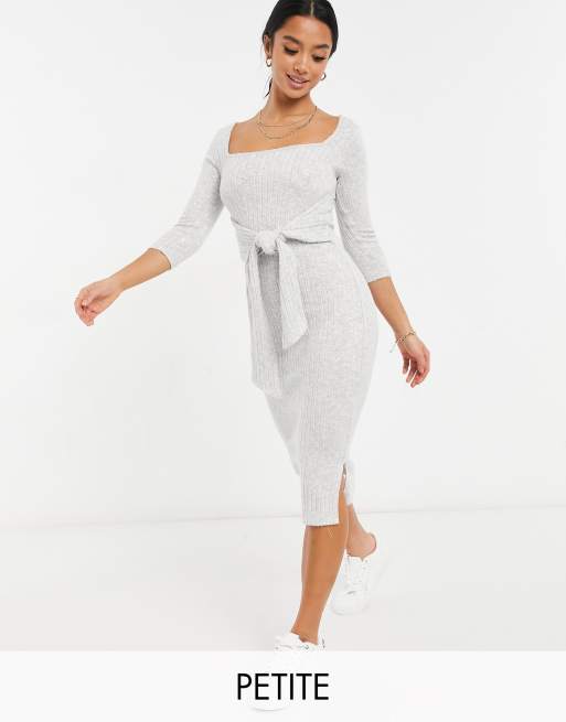River Island Petite square neck tie waist midi dress in gray | ASOS