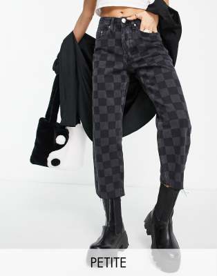 River Island Petite straight leg raw hem checkerboard jean in black