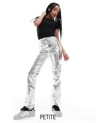 River Island Petite River Island Petite straight leg trouser in silver metallic