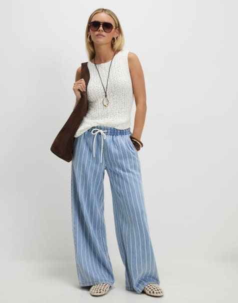 River Island Petite Stripe wide leg pyjama style jeans in denim - light - view 1