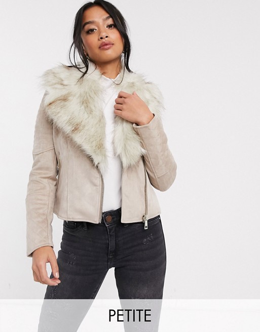River Island Petite suedette jacket with faux fur collar in beige