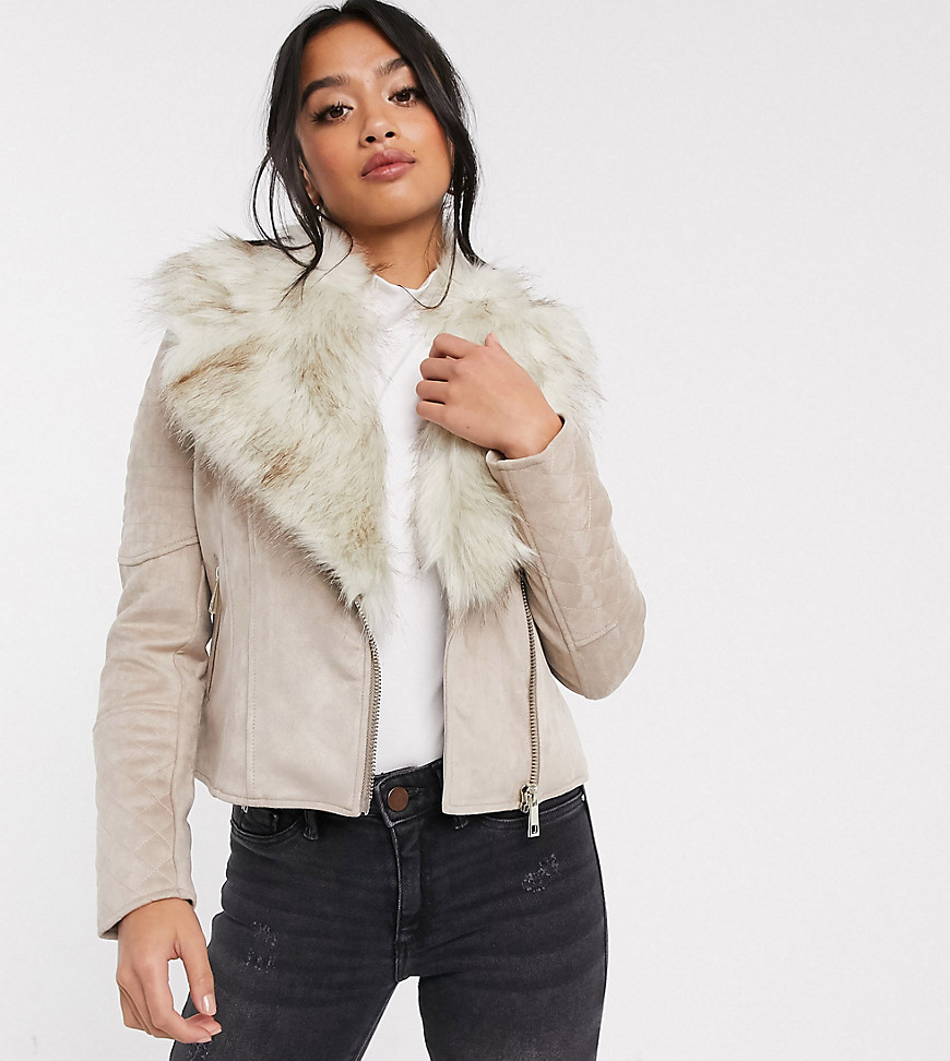 River Island Petite suedette jacket with faux fur collar in beige-Grey