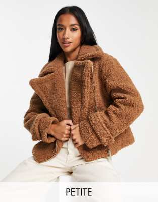 River Island Petite teddy borg biker jacket in light brown | ASOS