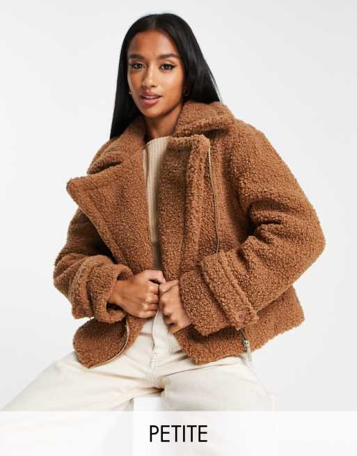 River Island Petite teddy borg biker jacket light brown | ASOS