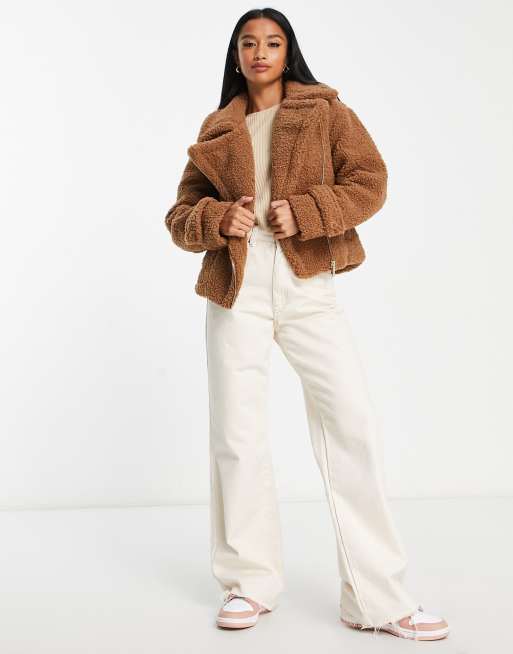 River Island Petite teddy borg biker jacket in light brown | ASOS