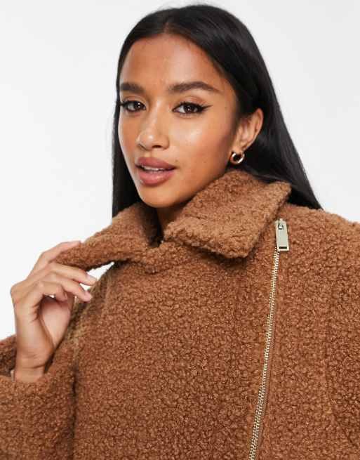 River Island Petite teddy borg biker jacket in light brown | ASOS