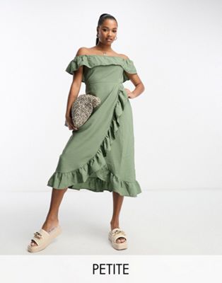 River Island Petite textured bardot frill midi dress in khaki - ASOS Price Checker