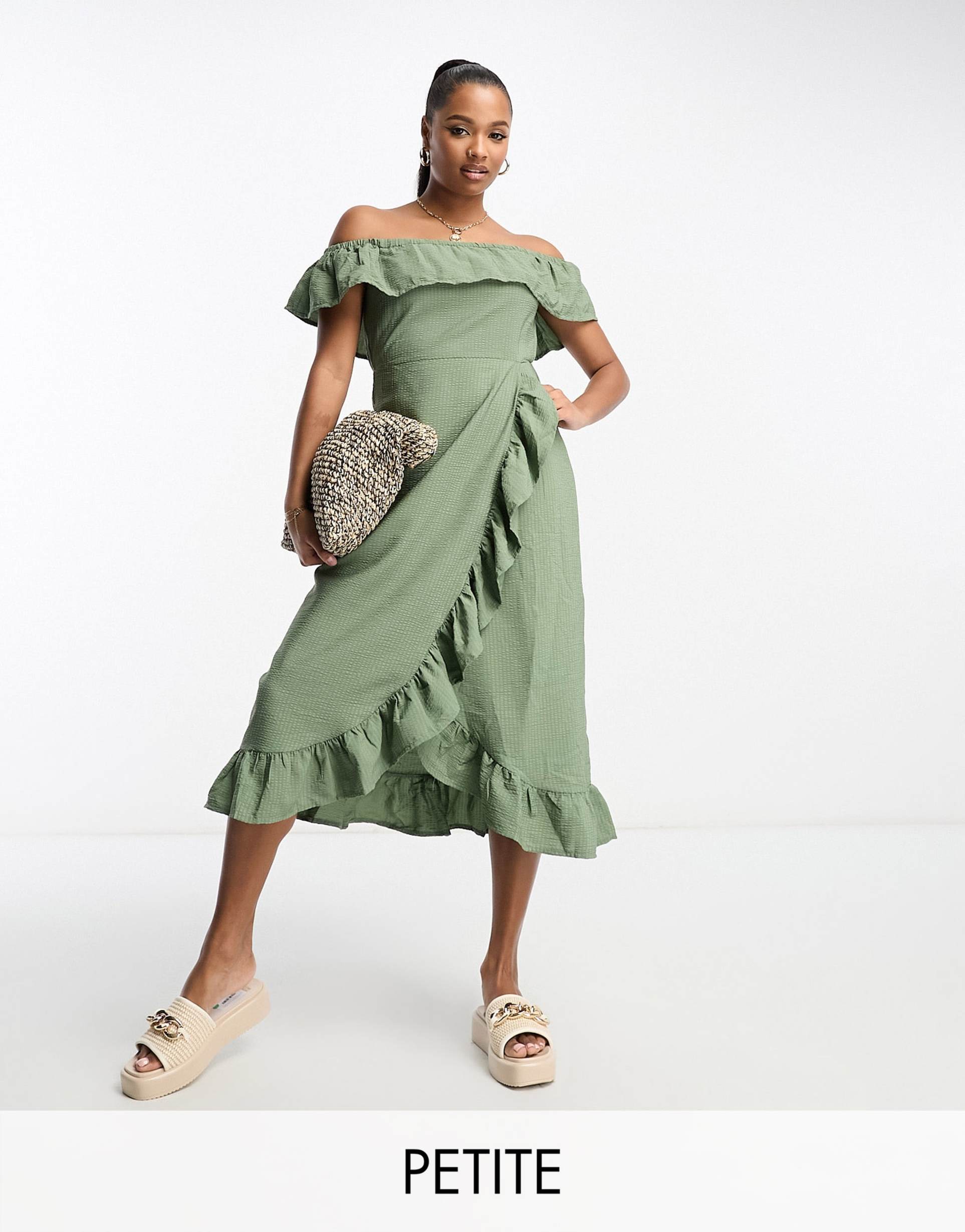 river island petite textured bardot frill midi dress in khaki