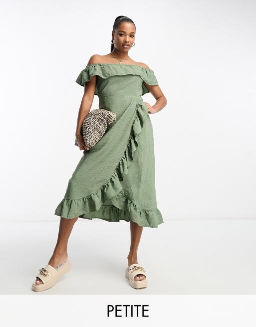 River Island Petite textured bardot frill midi dress in khaki