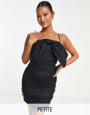 textured bow detail bandeau mini dress in black