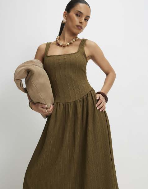 River Island Petite Textured midi dress in khaki