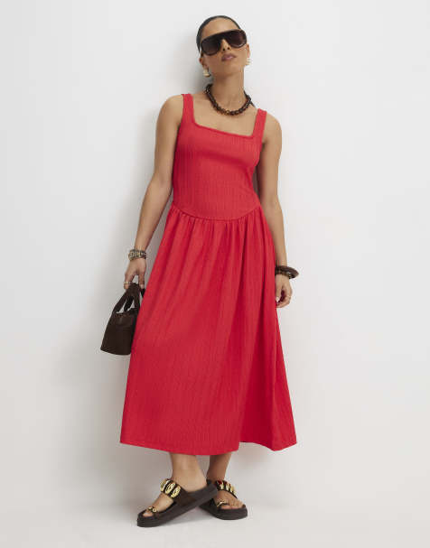 River Island Petite Textured midi dress in red