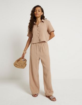 River Island Petite Textured trousers in beige