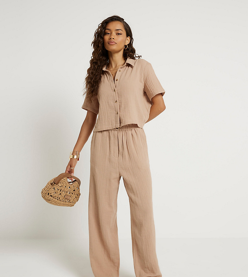 River Island Petite Textured trousers in beige-Neutral