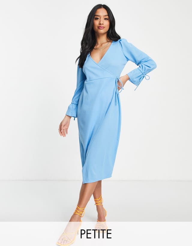 River Island Petite textured wrap midi dress in blue