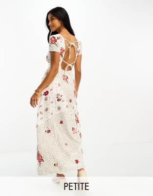 River Island Petite tie back embroidered floral maxi dress in cream-White