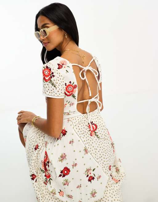 River Island Petite tie back embroidered floral maxi dress in cream | ASOS