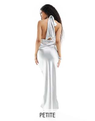 River Island Petite River Island Petite tie halter neck maxi dress in silver