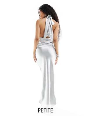 River Island Petite Tie Halter Neck Maxi Dress In Silver