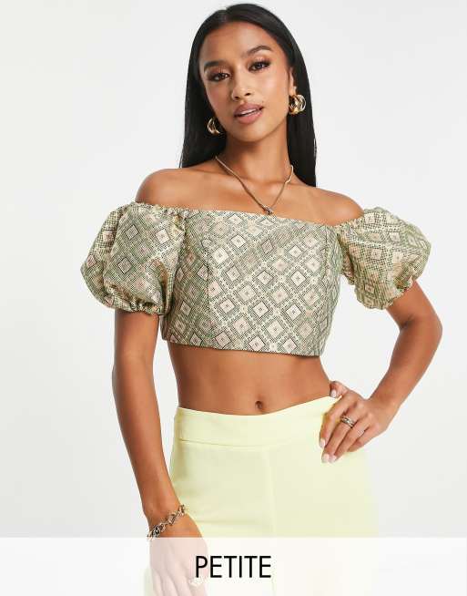 River Island Petite - Top a fascia color oro con maniche a sbuffo