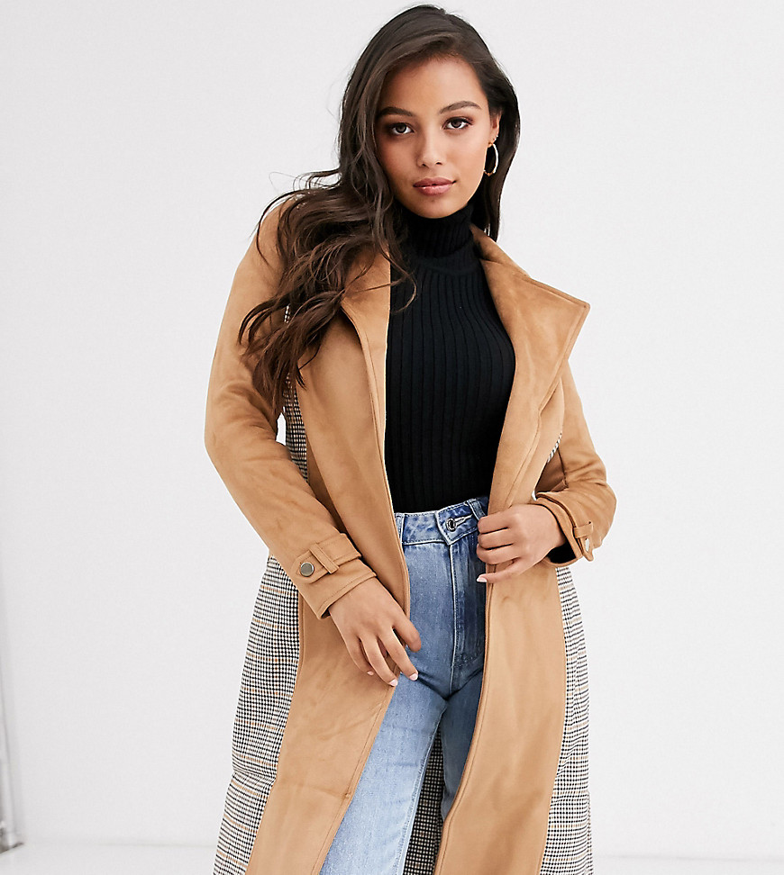 River Island Petite trench coat with contrast panels in check-Tan