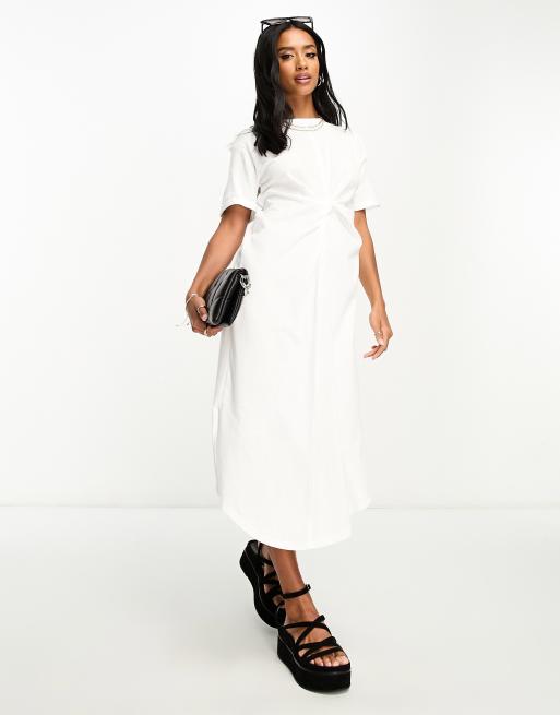 River Island Petite twist front midi t-shirt dress in white ASOS