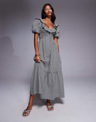v neck frill midi dress in black