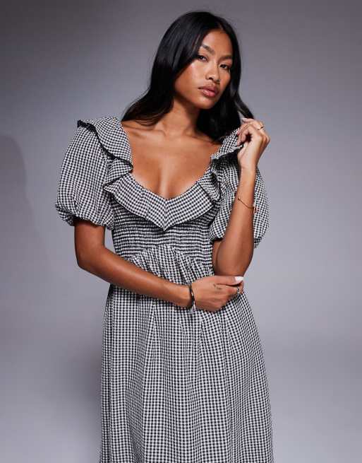 River Island petite v neck frill midi dress in black, 2 of 4