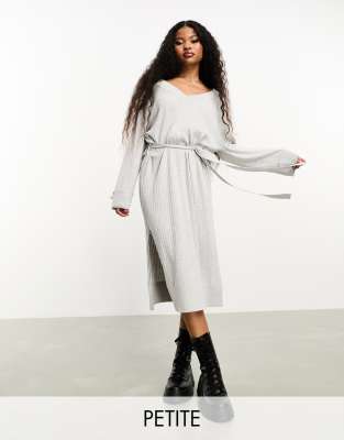 River Island Petite River Island Petite v-neck midi dress with belt detail in grey marl