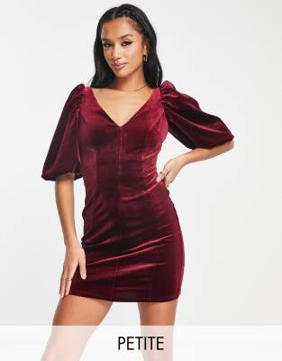 velvet plunge mini dress with puff sleeves in deep red-Pink