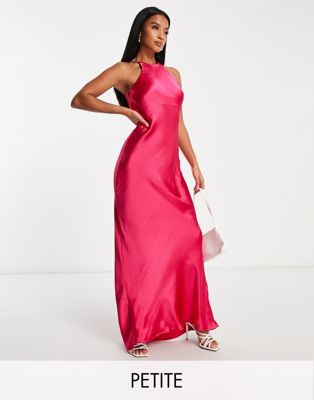 River Island Petite racer neck satin maxi dress in bright pink - ASOS Price Checker