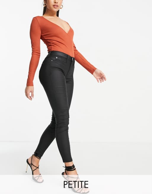 River Island Petite waxed coated skinny jeans in black | ASOS